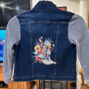 Upcycled Kids Denim Jacket with Gray Sleeves and Floral Design